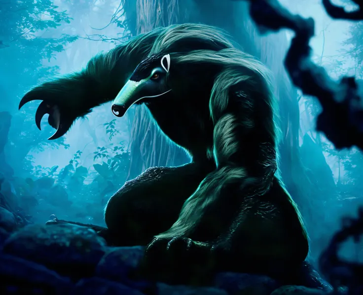 imagem hiperrealista. Monster in a forest with a tree in the background, Criatura misteriosa, anthropomorphic giant anteater, criatura sinistra escondendo detalhado, Ice Swamp Monster, cryptids, criptídio, criatura bioluminescente, anthropomorphic giant an...