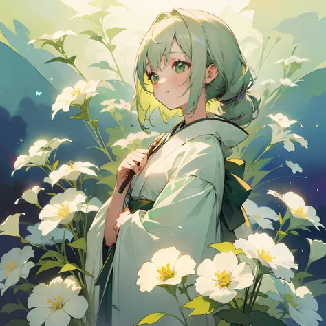 watercolor paiting(Beautifully Aesthetic:1.2)、(1girl in:1.3)、(Gray and green hair,:1.2)、natta、colourfull、starrysky、sacredness、White gypsophila flowers、White gypsophila is blooming、Fantastical、happily face、Wearing a green and white kimono、