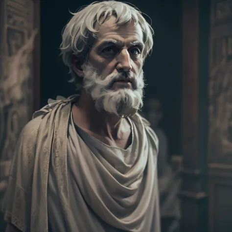 Aristotles realistic Greek philosopher Bold creepy detailed wearing a ghostly toga, fundo neutro, Moody, , fotorrealista, Jantar de filme assustador, super detalhada, Hiper realista, luzes brilhantes, 8K