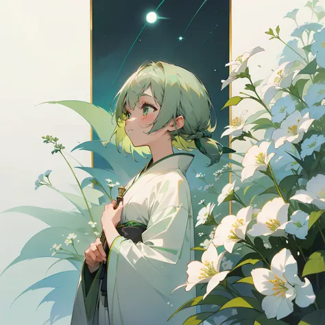 watercolor paiting(Beautifully Aesthetic:1.2)、(1girl in:1.3)、(Gray and green hair,:1.2)、natta、colourfull、starrysky、sacredness、White gypsophila flowers、White gypsophila is blooming、Fantastical、happily face、Wearing a green and white kimono、