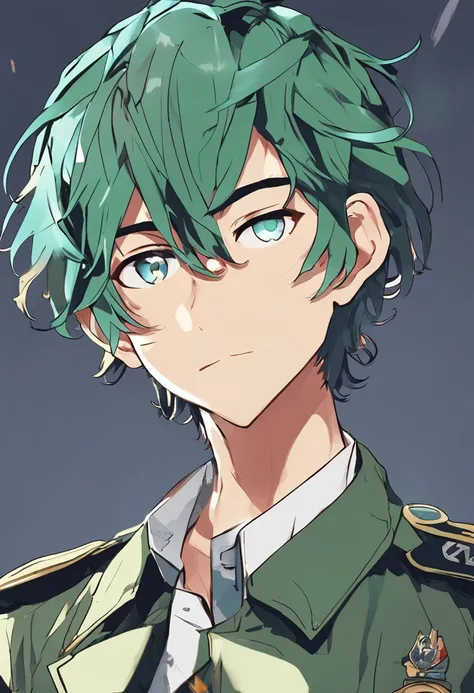 best quality anime style illustration Beautiful boy with blue eyes and green wavy hair Bangs parted in the middle and cropped at the nape of the neck Slim figure ecstatic face Wearing military uniform Full body shot