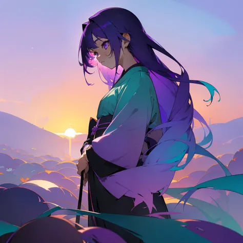 (Beautifully Aesthetic:1.2)、(1girl in:1.3)、(colourful hair、Hair like a gradient、Half purple、Half Light Purple:1.2)、natta、colourfull、Fantastical、Hagi flower、A lot of hagi flowers are blooming、Purple and jade kimono、Pensive、Looks a little lonely、Loneliness、s...