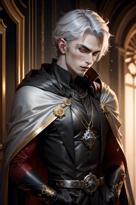 Short-haired vampire handsome man with gray hair　Metallic yellow and black exterior　Handsome Prince　Red eyes　black cloak　Golden decoration