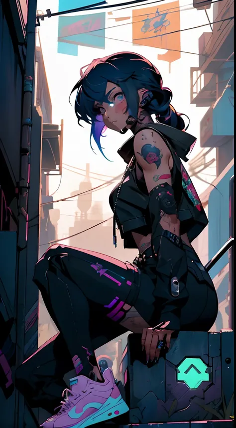 girl with tattoos sitting on steps looking at camera, cyberpunk art inspired by rossdraws, pixiv contest winner, gothic art, anime style 4 k, artwork in the style of guweiz, anime style. 8k, anime styled, anime styled digital art, cyberpunk anime girl, ani...