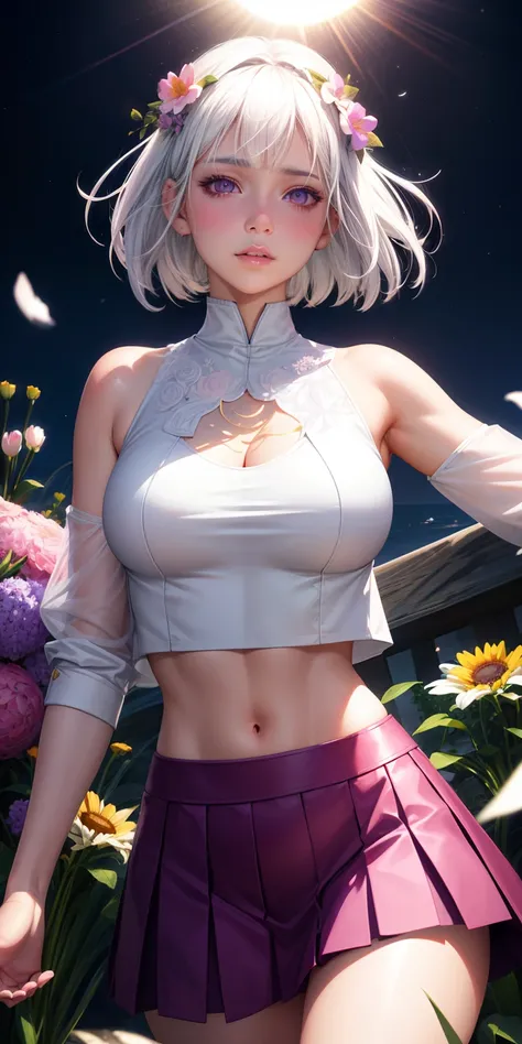 realistic, 1girl, white hair, purple eyes, glowing eyes, crop top, skirt, parted lips, blush, night, flowers, sun, sunlight,