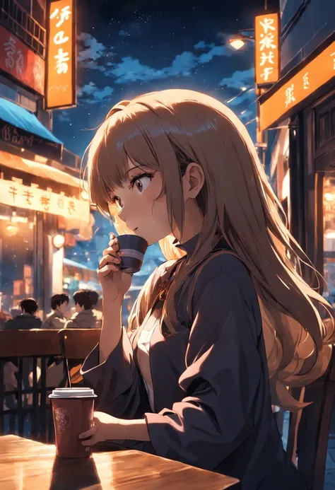 Girl drinking coffee at a café with a night view of the city