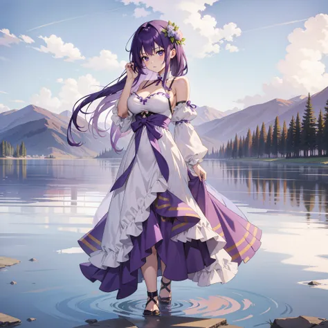 Anime girl, purple hair, next to a lake, sexy, skinny, large breasts,