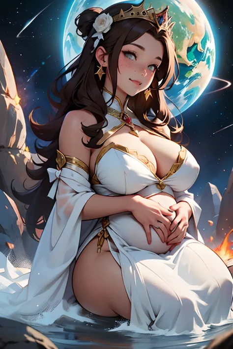 Dream like outer space backdrop of earth, Goddess of fertility, gets pregnant at the drop of a hat. Large breast for feeding, plump, brown hair very attractive, Wheres earth colors, fire, water, and air elemental.  Sweet, lots of hearts. The queen of heart...