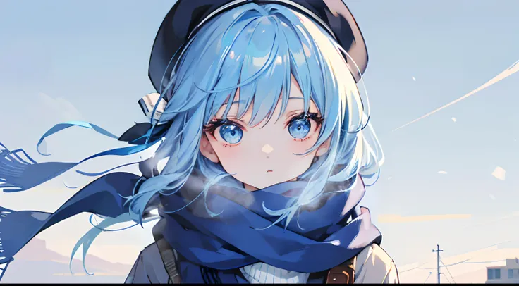 1girl,light blue hair,blue eyes,hair ribbon,blue scarf,beret,sweater,winter,looking at viewer