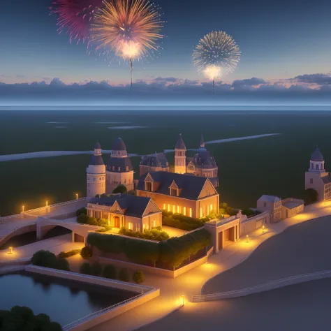 Outstanding, need to have fireworks, moonlight, landscape, highest definition quality, dream 3d rendering