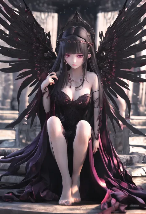 Seductive girl figure、Cute Girl Figure、Realistic Young Gravure Idol Figures、pretty face with arms and legs、Norse goddesses、photo of slim girl model、European girl、black classical dress、Wings of a Black Angel、Wet black-purple long straight hair、pale skin、Red...