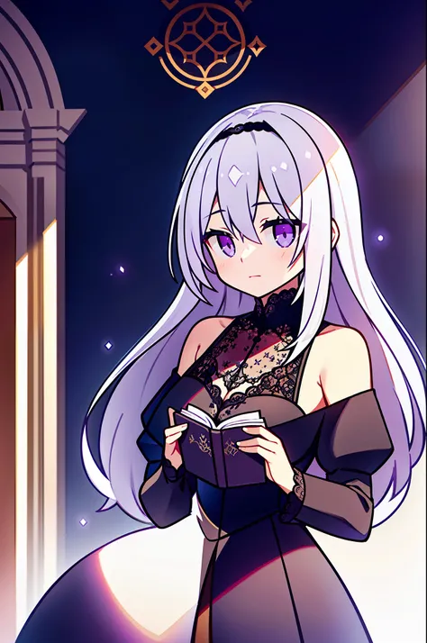 Silvery-white hair，Purple eye，Black dress，Lace，Shoulders exposed，Holding a book，Middle Ages，Castle，Contre-Jour，Cinematic texture，Light and shadow changes，Only the picture above the shoulders is exposed