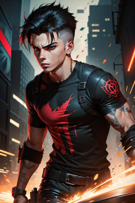 vector t-shirt art ready for print red dark graffiti illustration of a young men, cyberpunk, frontal perspective, action shot, vibrant color, high detail