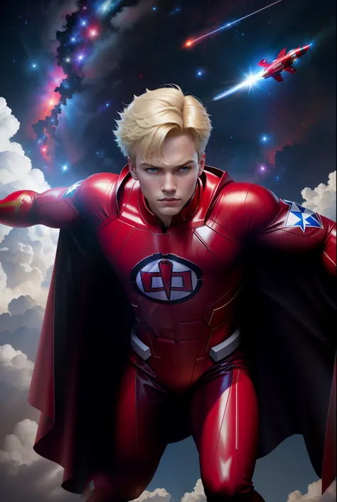 Wears all-over red clothing，Superheroes in capes and capes, 《The greatest American hero》Superheroes from TV shows, Young，blond，Whole body strength, Handsome, Super strong, promo image, Save lives again.Turn things around, art sussman, promotional still, he...