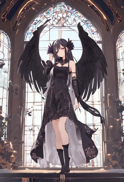 The figure of a seductive girl、Cute girl figure、Realistic Young Gravure Idol、pretty face with arms and legs、Norse goddesses、photo of slim girl model、European Girl、black classical dress、Wings of a Black Angel、Wet black-purple long straight hair、pale skin、Re...