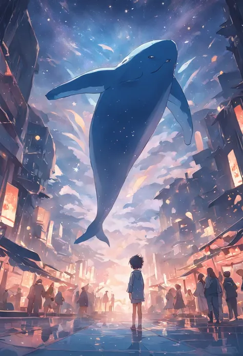 Stars shine，Huge whales float over the city，Cute and cute，KIDS ILLUSTRATION，Glow effects，Dingdall effect，depth of fields，high light，Real light，Ray traching，oc rendered，Hyper-realistic，best qualtiy，8K，Works of masters，super-fine，Detailed pubic hair，Correct ...