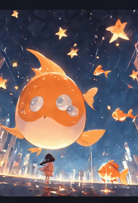 Stars shine，Colorful，Huge goldfish float over the city，Cute and cute，KIDS ILLUSTRATION，Glow effects，Dingdall effect，depth of fields，high light，Real light，Ray traching，oc rendered，Hyper-realistic，best qualtiy，8K，Works of masters，super-fine，Detailed pubic ha...