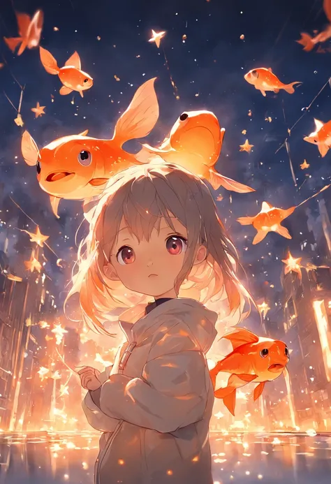 Stars shine，Colorful，Huge goldfish float over the city，Cute and cute，KIDS ILLUSTRATION，Glow effects，Dingdall effect，depth of fields，high light，Real light，Ray traching，oc rendered，Hyper-realistic，best qualtiy，8K，Works of masters，super-fine，Detailed pubic ha...