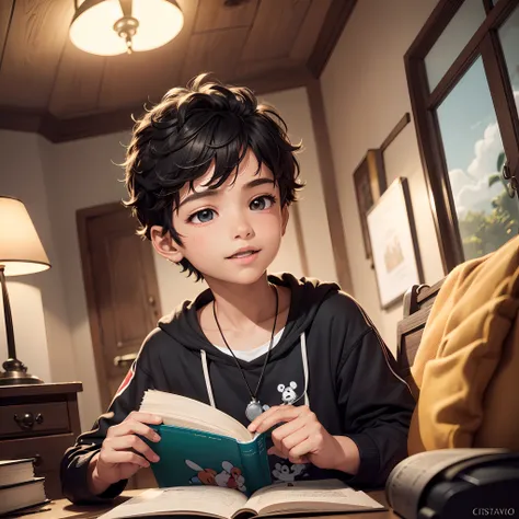 menino, 8 anos, feliz, cabelos negros, olhos castanhos, alegres e marcantes, lendo um livro, com um computador perto estilo cartoon, estilo personagens Disney, Imagem de melhor qualidade