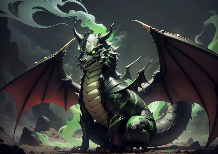 1Black dragon,adicionar veneno na boca, adicionar armadura prata, adicionar asas grandes, dentes afiados, Two paws on the ground, dragons head, veneno verde, demonio, veneno verde, green smoke, Vapor verde, place covered with green smoke, veneno, acid, gos...