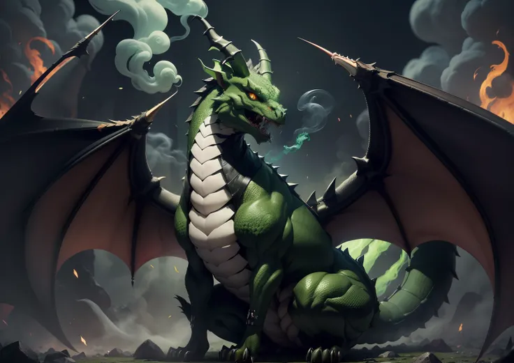 1Black dragon,adicionar veneno na boca, adicionar armadura prata, adicionar asas grandes, dentes afiados, Two paws on the ground, dragons head, veneno verde, demonio, veneno verde, green smoke, Vapor verde, place covered with green smoke, veneno, acid, gos...