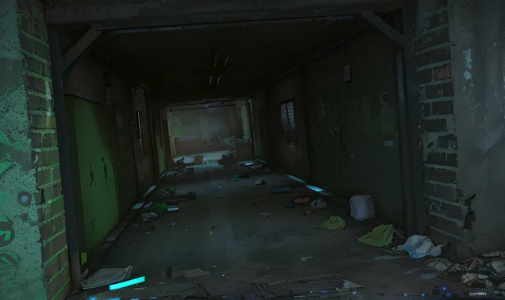 there is a long hallway with a green light in the middle, b - game, in the game, location ( slum _ wallside ), in the game, back...