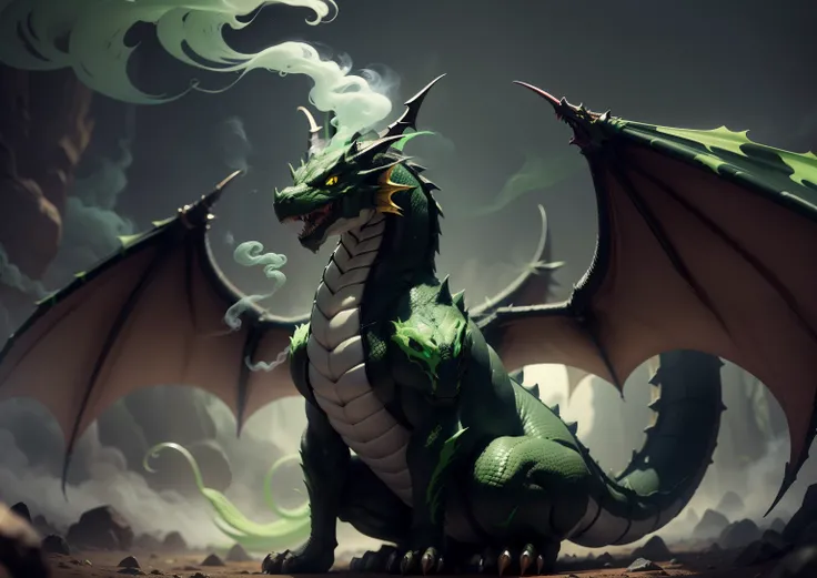 1Black dragon,adicionar veneno na boca, adicionar armadura prata, adicionar asas grandes, dentes afiados, Two paws on the ground, dragons head, veneno verde, demonio, veneno verde, green smoke, Vapor verde, place covered with green smoke, veneno, acid, gos...