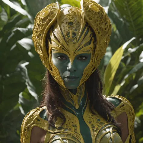 (professional 3d render:1.3) af (Realistic:1.3) most beautiful artwork photo in the world，african woman wearing a mask and yellow ridged and contoured organic costume with glass dome visor, organic surrounding flowers and plants, movie still of the alien g...