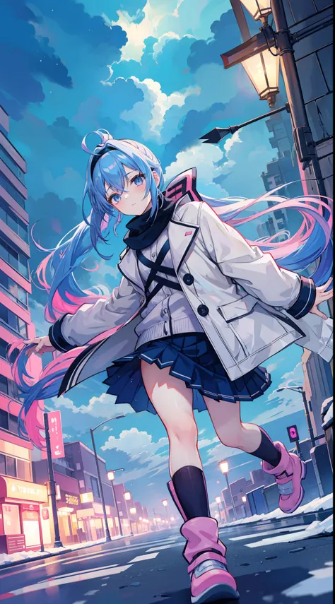 anime girl, alone, blue hair, ponytail, headband, pink pleated skirt, park, winter, night, streetlight, lightning, cloudy sky, t...