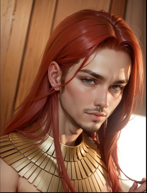 red hair, olhos vermelhos, homem branco, pele clara, homem de cabelo vermelho, colar de ouro, red hair, Manéé, homem forte, Realistic, Homem de Ennead, red hair, olhos vermelhos, homem branco, pele clara, homem de cabelo vermelho, colar de ouro, red hair, ...