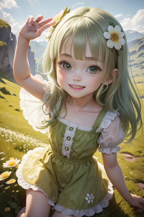 Toddler green short-haired smiling girl　Smiling twin girl with green long hair　Have fun playing with big eyes and green speckled eyes　Metallic green and white and golden god costume　Flowers bloom in large meadows　Beautiful mountains in the distance々々　reali...