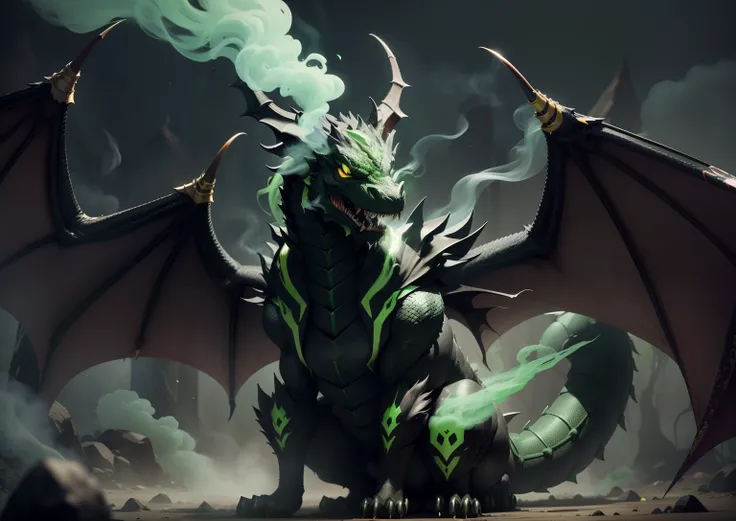 1Black dragon,adicionar veneno na boca, adicionar armadura prata, adicionar asas grandes, dentes afiados, Two paws on the ground, dragons head, veneno verde, demonio, veneno verde, green smoke, Vapor verde, place covered with green smoke, veneno, acid, gos...