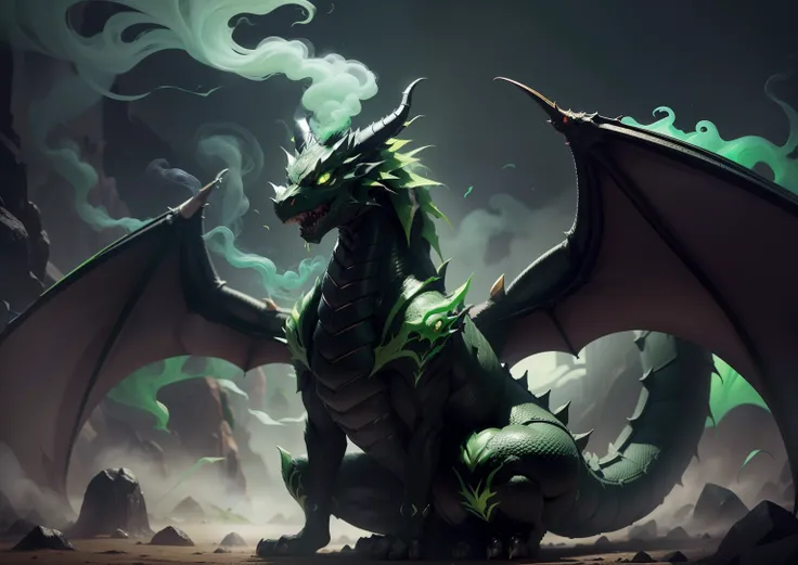 1Black dragon,adicionar veneno na boca, adicionar armadura prata, adicionar asas grandes, dentes afiados, Two paws on the ground, dragons head, veneno verde, demonio, veneno verde, green smoke, Vapor verde, place covered with green smoke, veneno, acid, gos...