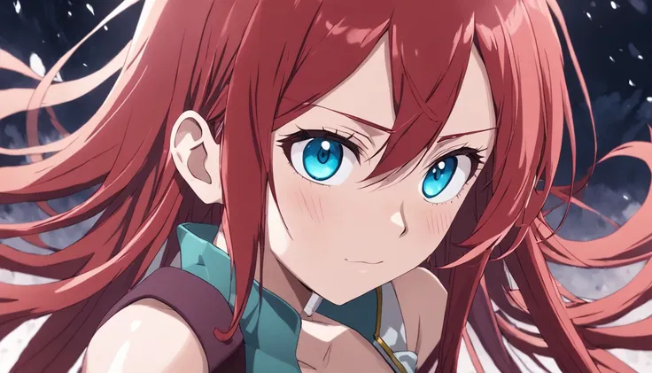 anime girl with red hair and blue eyes looking at camera, Erza Scarlet como uma pessoa real, ela tem cabelos ruivos, cabelos vermelhos carmesim e olhos vermelhos, Estilo anime", com cabelos ruivos e olhos verdes, ela tem cabelos longos e redorange, com cab...