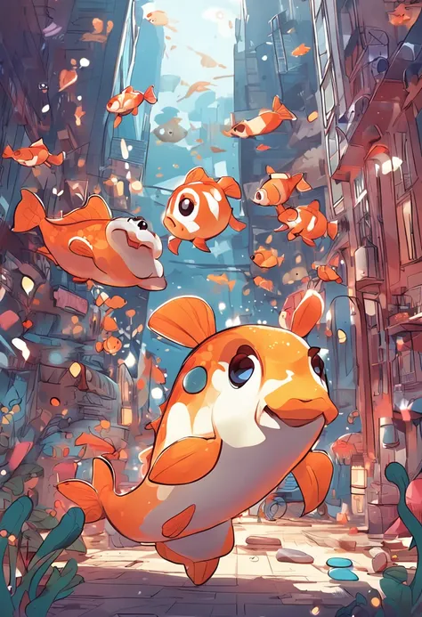 Stars shine，Colorful，Huge goldfish float over the city，Huge tail，Cute and cute，KIDS ILLUSTRATION，Glow effects，Dingdall effect，depth of fields，high light，Real light，Ray traching，oc rendered，Hyper-realistic，best qualtiy，8K，Works of masters，super-fine，Detaile...