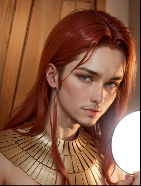 red hair, olhos vermelhos, homem branco, pele clara, homem de cabelo vermelho, colar de ouro, red hair, Manéé, homem forte, Realistic, Homem de Ennead, red hair, olhos vermelhos, homem branco, pele clara, homem de cabelo vermelho, colar de ouro, red hair, ...