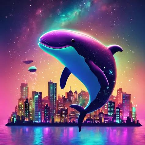 Stars shine，Colorful，Huge whales float over the city，Cute and cute，KIDS ILLUSTRATION，Glow effects，Dingdall effect，depth of fields，high light，Real light，Ray traching，oc rendered，Hyper-realistic，best qualtiy，8K，Works of masters，super-fine，Detailed pubic hair...