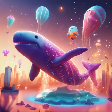 Stars shine，Colorful，Huge whales float over the city，Cute and cute，KIDS ILLUSTRATION，Glow effects，Dingdall effect，depth of fields，high light，Real light，Ray traching，oc rendered，Hyper-realistic，best qualtiy，8K，Works of masters，super-fine，Detailed pubic hair...