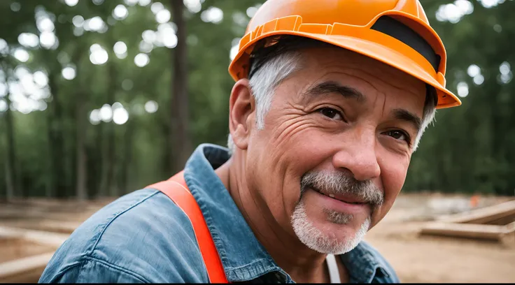 Instagram photo, full body closeup face photo of 58 y.o man embracing him role as a construction worker, beautiful face, him warm smile contrasting with her rugged attire, portraying strength as a construction worker, Sony A6400 with 16-50mm f/3.5-5.6 lens...