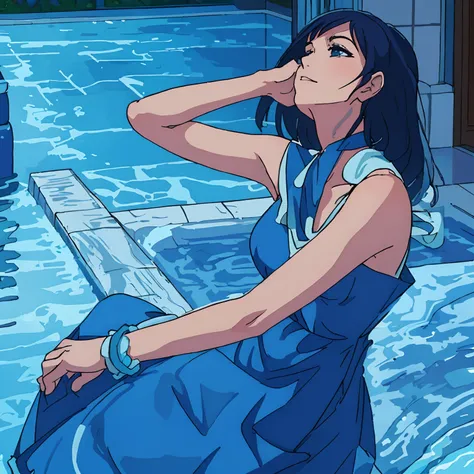 Anime girl in blue dress post in the pool villa, in blue dress, wearing a blue dress, black hair, wearing blue dress, blue dress, icey blue dress, nico robin, wearing a blue dress, dressed in blue, profile image,