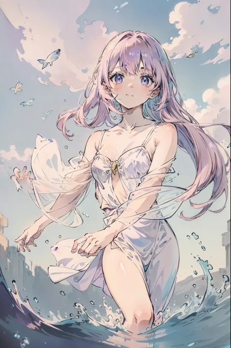 Light pink hair，Extra-long hair，Light purple eyes，Dive into the water，Bubble，White dress，Shoulders exposed，jewelry，Contre-Jour，Light and shadow in the water，Gently flutter，Flying，Small fish，Cinematic texture，