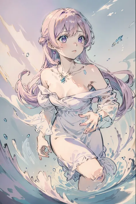 Light pink hair，Extra-long hair，Light purple eyes，Dive into the water，Bubble，White dress，Shoulders exposed，jewelry，Contre-Jour，Light and shadow in the water，Gently flutter，Flying，Small fish，Cinematic texture，