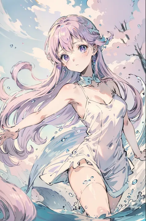 Light pink hair，Extra-long hair，Light purple eyes，Dive into the water，Bubble，White dress，Shoulders exposed，jewelry，Contre-Jour，Light and shadow in the water，Gently flutter，Flying，Small fish，Cinematic texture，