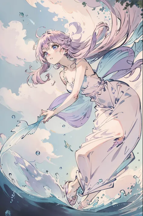 Light pink hair，Extra-long hair，Light purple eyes，Dive into the water，Bubble，White dress，Shoulders exposed，jewelry，Contre-Jour，Light and shadow in the water，Gently flutter，Flying，Small fish，Cinematic texture，