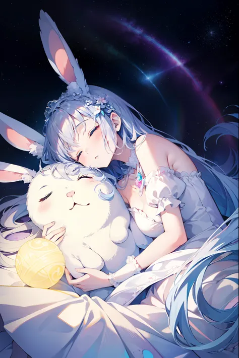 In a dreamlike environment, A princess gently closes her eyes and rests in the center, Deep in sleep. There is a cute rabbit in her embrace, Similar to a soft stuffed pillow, While she sleeps、She holds it with the utmost tenderness. The background is paste...