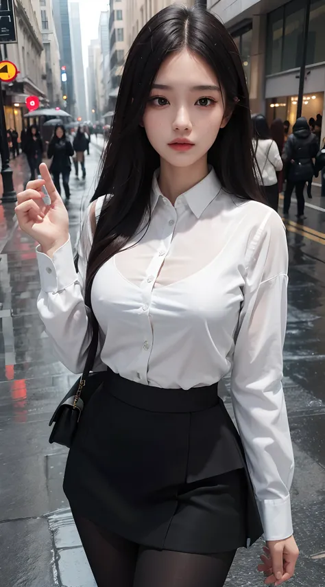 ((Best quality, 8k, Masterpiece :1.3)), Sharp focus :1.2, A Pretty woman with perfect figure :1.4, Slender abs :1.2, ((Layered long hair, Big breasts :1.2)), (White tight shirt :1.3), office wear, very short black skirt (Sultry) ((Aroused: 1.5)), tonight: ...