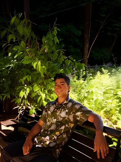 arafed man sitting on a bench in front of a bush, in front of a forest background, very very low quality picture, amidst nature, bokeh in the background only, photo taken in 2 0 2 0, candid picture, at night time, with a cool pose, with a tree in the backg...