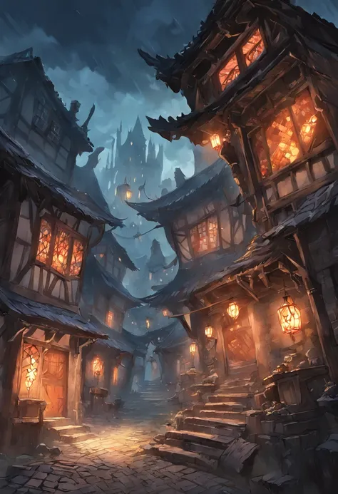 A chaotic and frighteningly realistic village, with meticulously detailed medieval wooden houses and authentic stone brick streets, being fiercely attacked by a sinister and evil dragon, whose scales glow in a dark and menacing tone.