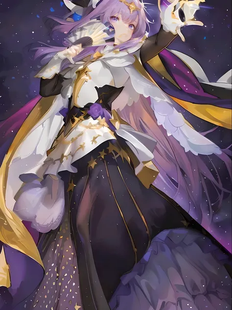 tmasterpiece，HighestQuali，Anime girl with purple hair and purple cape holding stars, Beautiful celestial mage, Detailed key anime art, Detailed anime artwork, Keqing from Genshin Impact, detailed anime art, celestial goddess, Detailed digital anime art, as...