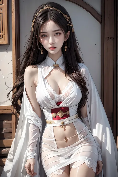 Portrait of a young 20-year-old saint, a saint with a beautiful and super cute face,wearing a very thin and sexy ao dai, beautiful cute face, Ao dai with a deep slit in the chest and attractive black and white lace trim, beautiful face without blemishes, L...